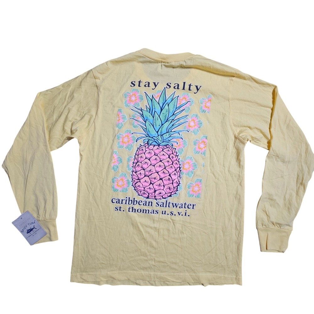 Spicy Tuna St. Thomas Stay Salty Pineapple Long Sleeve Graphic Tee S Cotton NWT‎